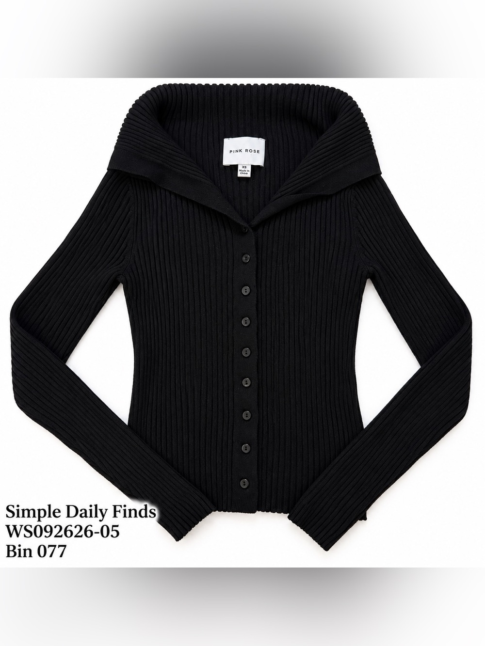 Pink Rose Black Ribbed Button Front Cardigan Foldover Collar XS Y2K Fitted